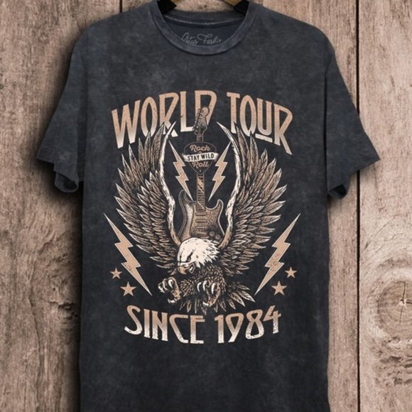 Tops - Brand New World Tour Short Sleeve Mineral Wash Crew Neck Tshirt